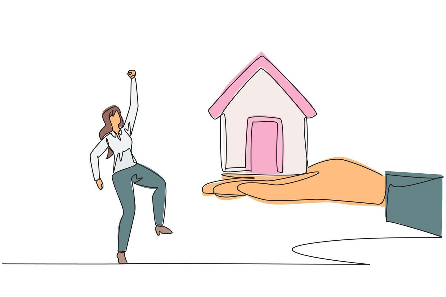 Single one line drawing businesswoman was excited to get a miniature house from giant hand. Hard work gets comparable results. Trusted to place a new house. Continuous line design graphic illustration vector