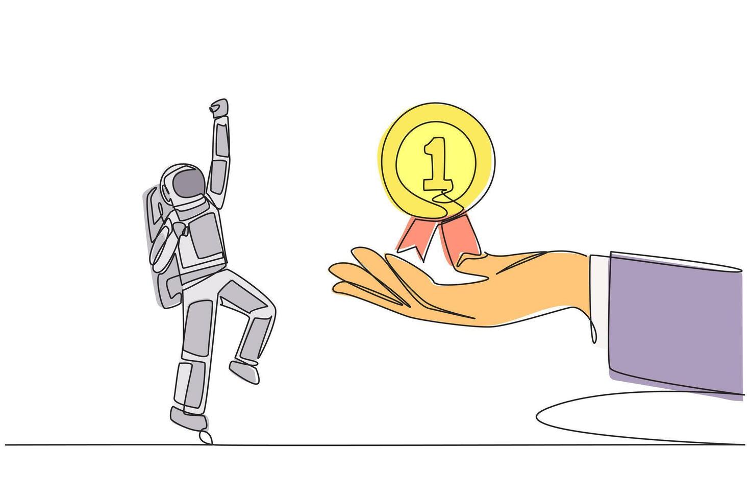 Single one line drawing astronaut was happy to get medal award from giant hand. Achievement. Confession. Successfully complete a space mission. Cosmonaut. Continuous line design graphic illustration vector