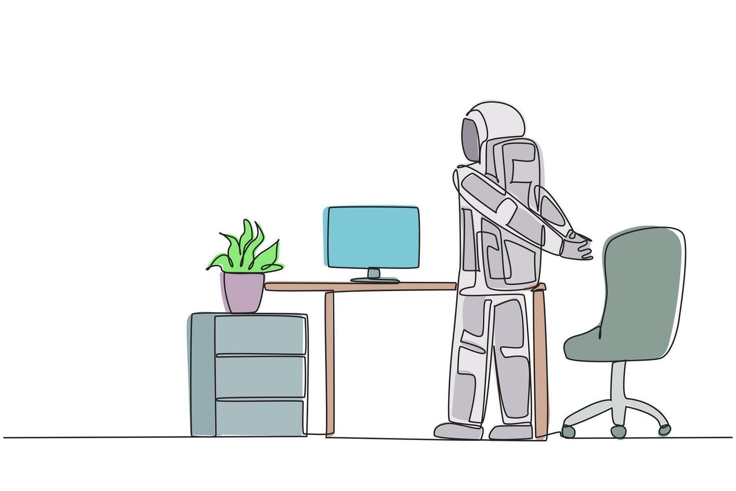 Single one line drawing astronaut stands with his hands behind his back. Stretching. Light exercise to prepare for overtime work making expedition reports. Continuous line design graphic illustration vector