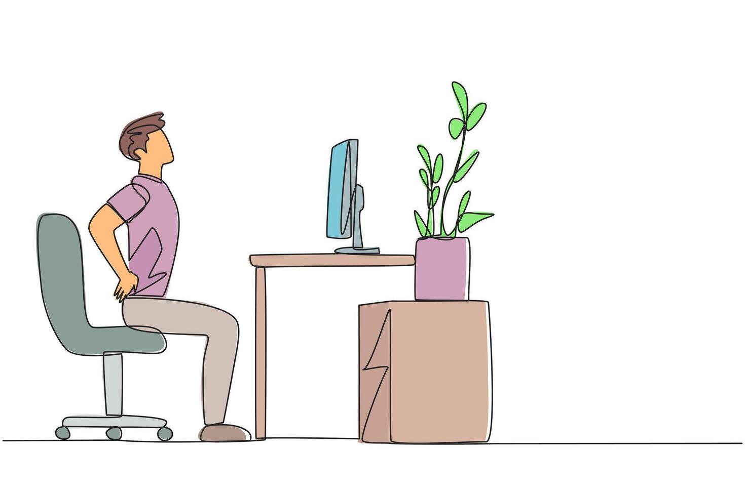 Continuous one line drawing man sitting in a work chair with hands holding his waist. Stretch body and mind. Work overtime on weekends. Relax for a moment. Single line draw design illustration vector