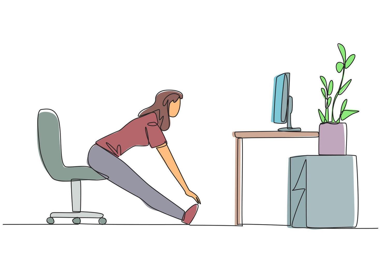 Single continuous line drawing woman sitting in work chair with legs straightened. Exercise following the instructions on the screen. Relaxing during work. Calm. One line design illustration vector