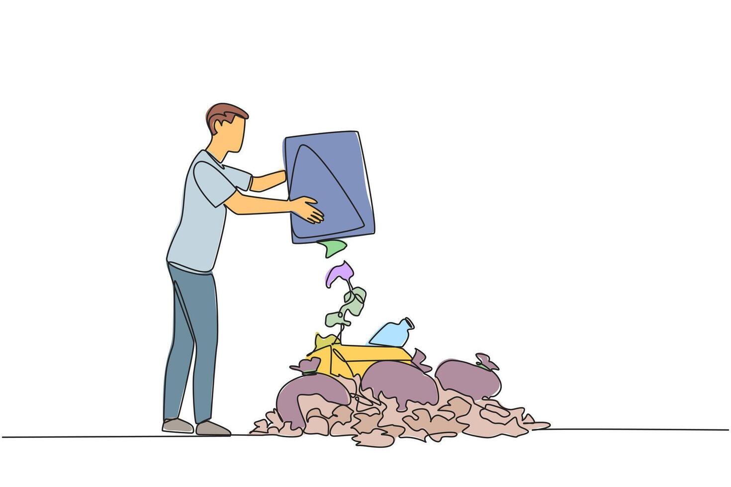 Single one line drawing man throws rubbish into rubbish pile. Environmental care. Throwing rubbish not in proper place. Surrounding air becomes less clear. Continuous line design graphic illustration vector