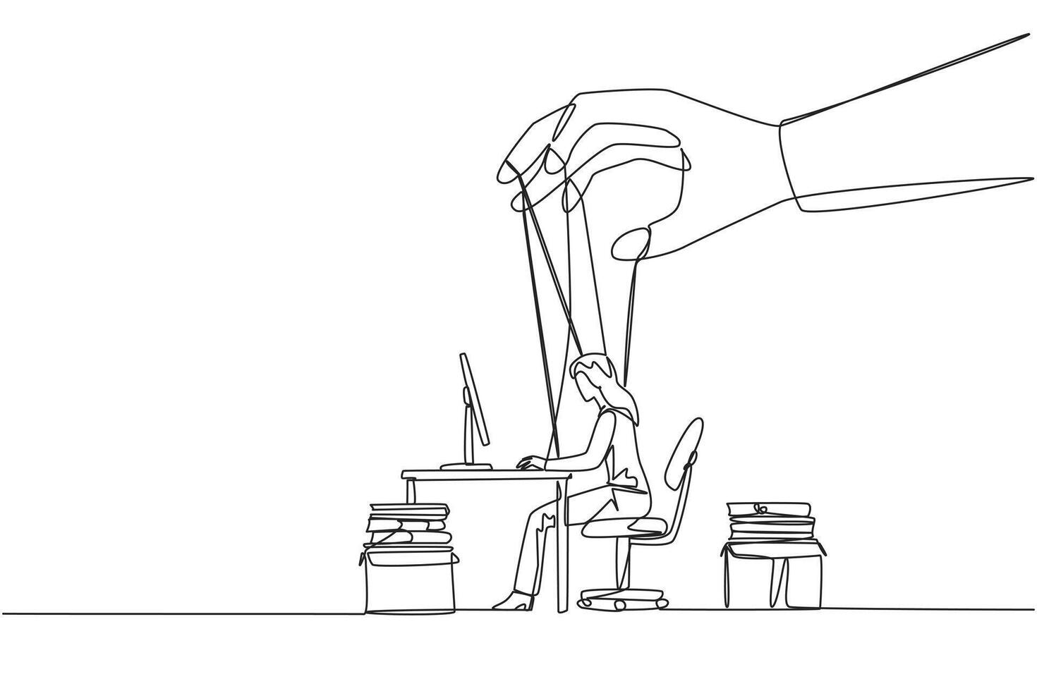 Single one line drawing businesswoman typing on a laptop, hands moved by ropes. Has no policies and authority. Like a puppet that must obey. Obedience. Continuous line design graphic illustration vector