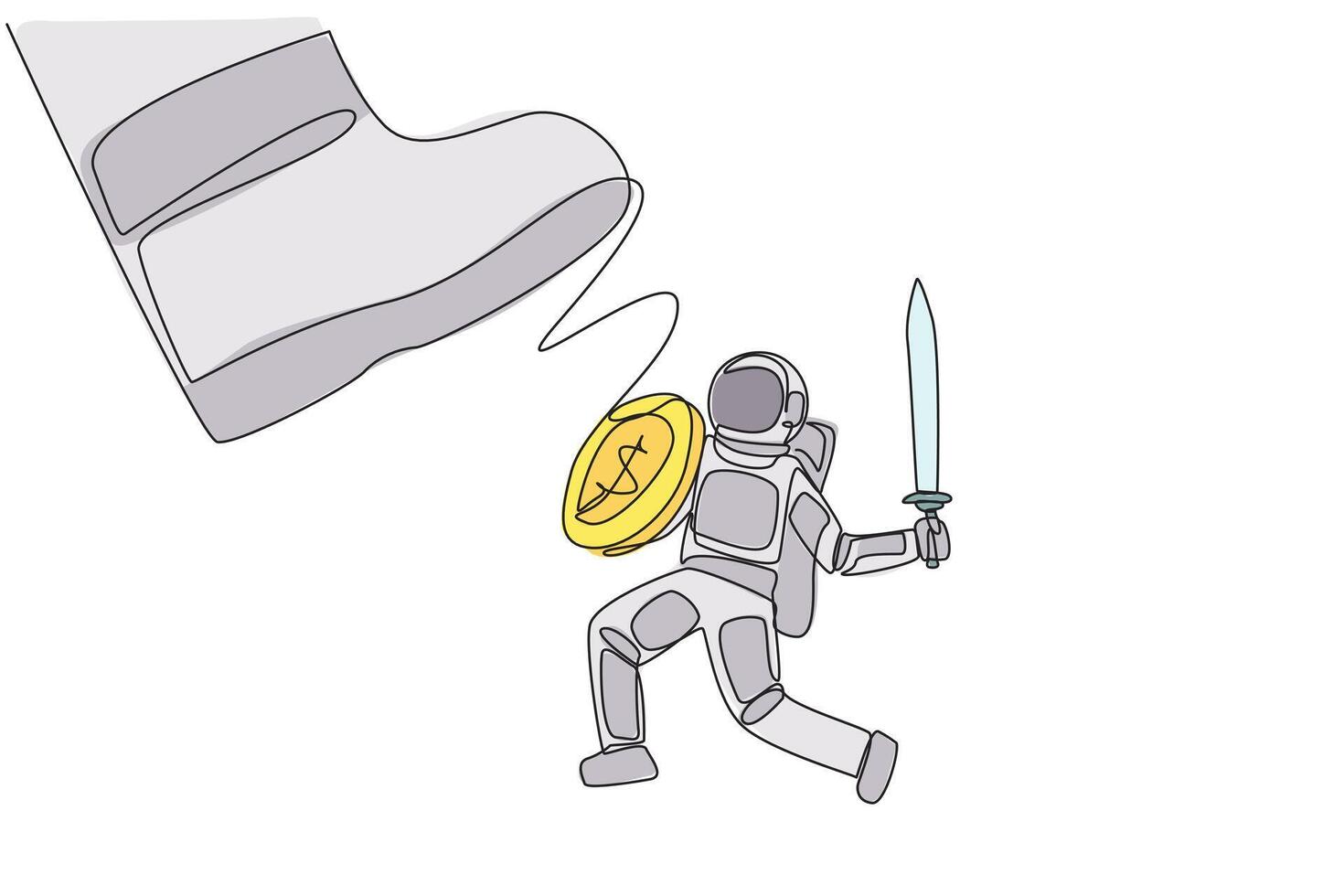 Single one line drawing astronaut tries to ward off the giant foot that wants to step on him. Anything is done to make the space expedition run smoothly. Continuous line design graphic illustration vector