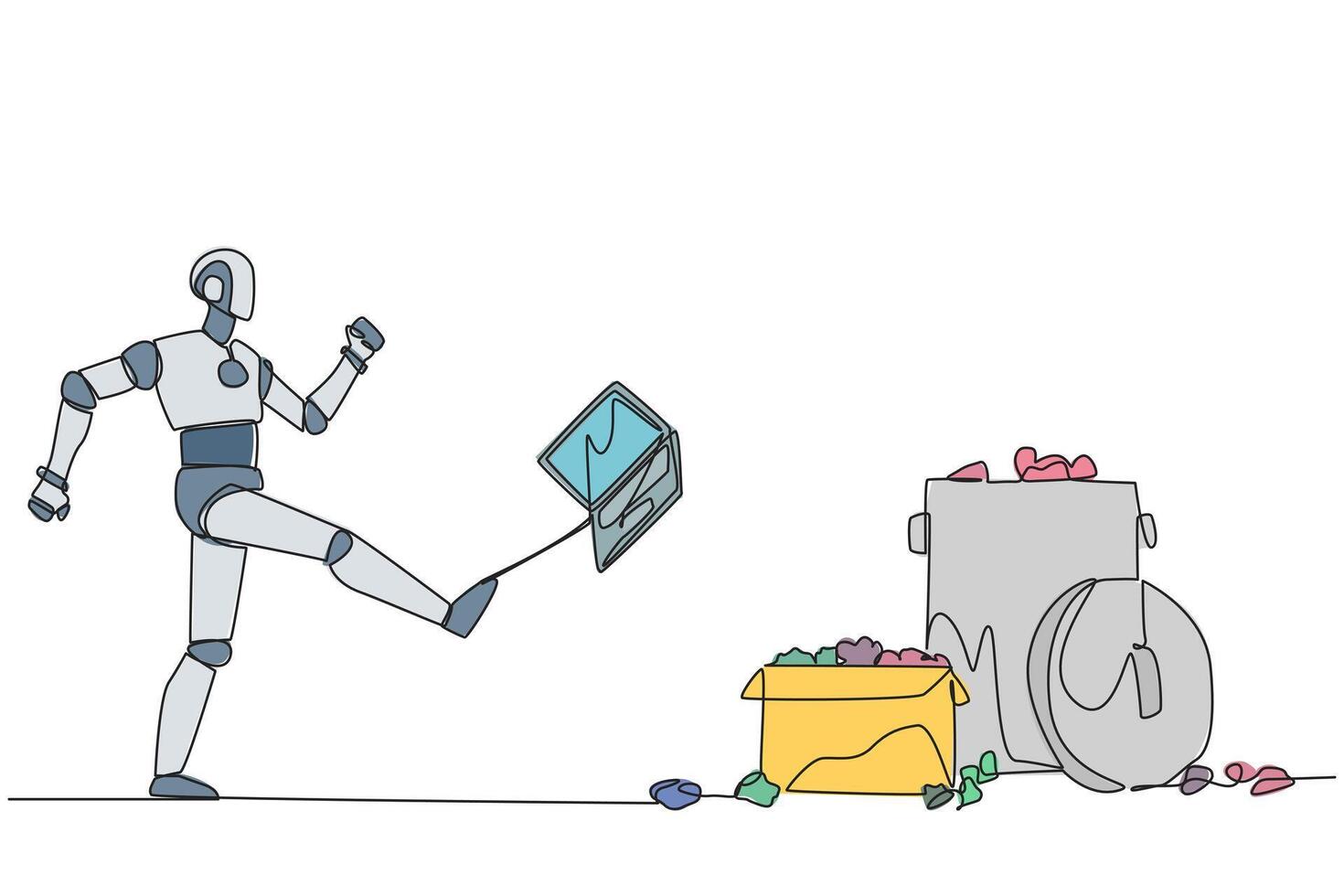 Continuous one line drawing emotional robot kicked laptop into the trash. Many bugs go wrong when programming artificial intelligence. Future technology. Single line draw design illustration vector
