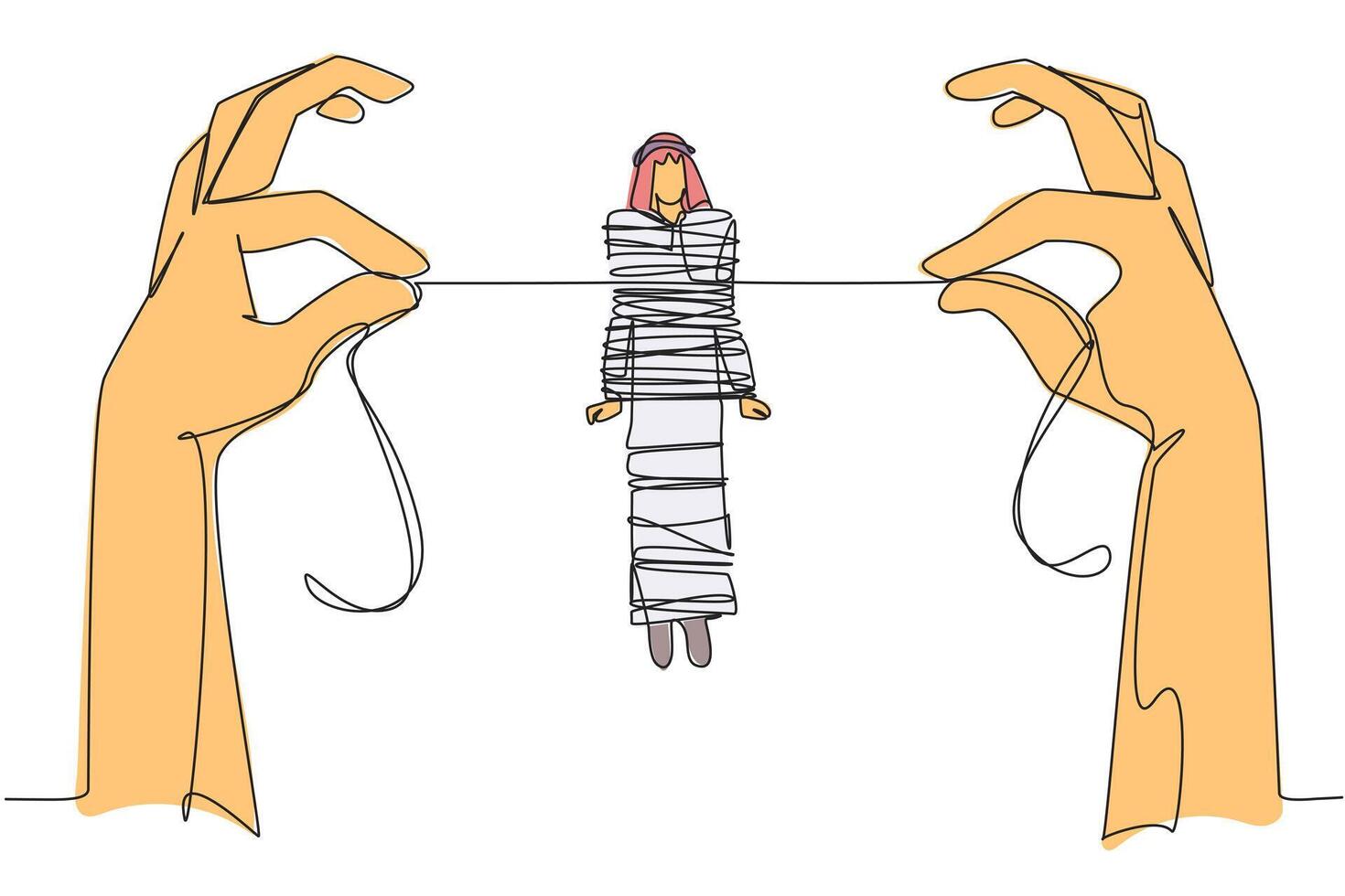 Continuous one line drawing Arab businessman standing and tied by rope held by 2 giant hands. Captured by criminals. Demanding ransom. Helpless. Detained. Single line draw design illustration vector