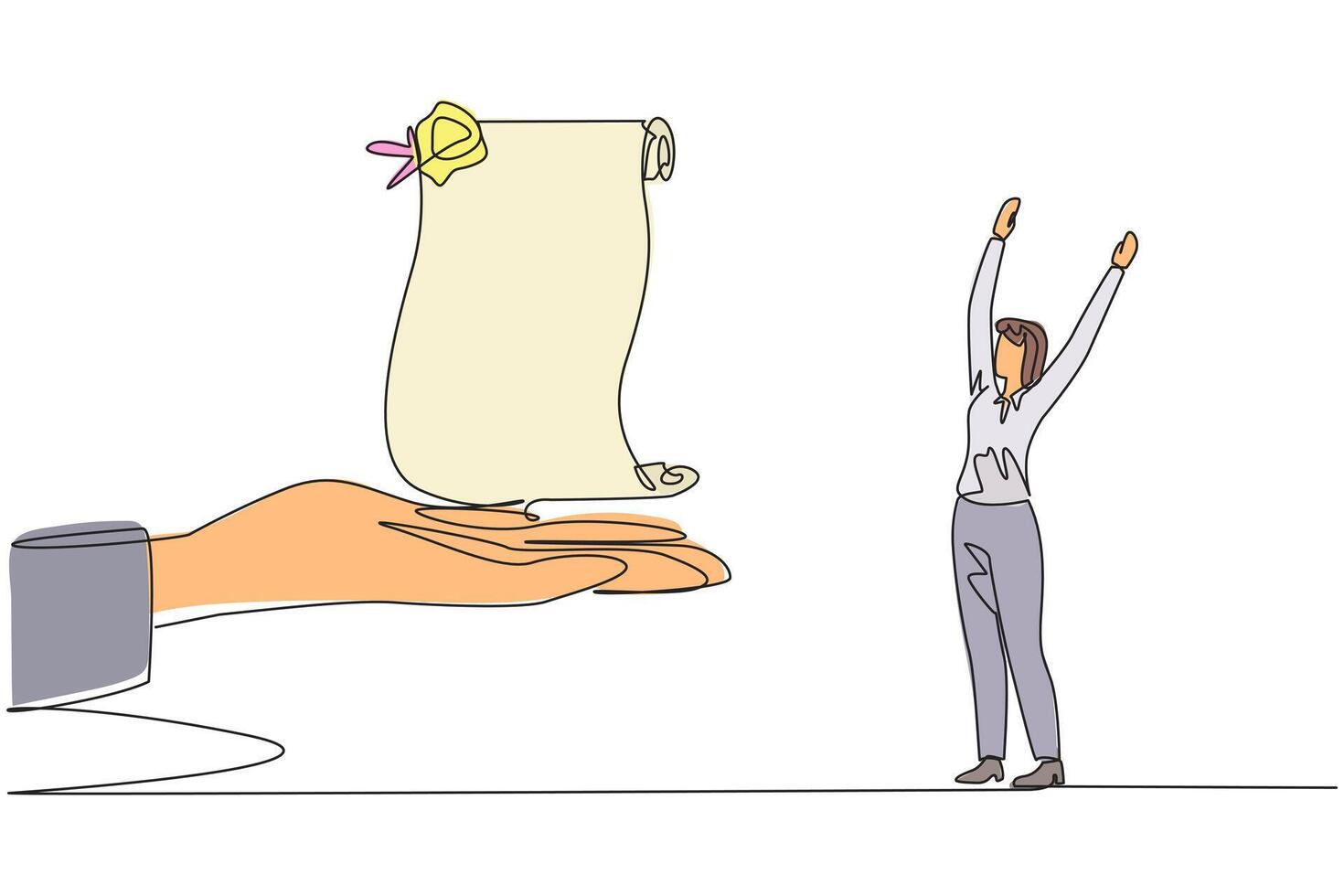 Single one line drawing businesswoman was excited to get roll of stamped paper from the giant hand. A testament for the progress of the company. Important. Continuous line design graphic illustration vector
