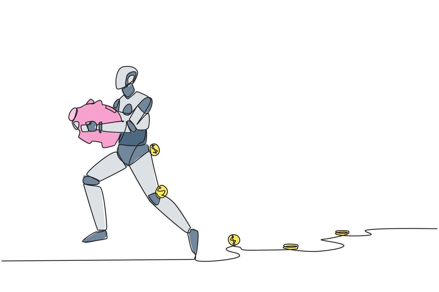 Single one line drawing a robot running while carrying a piggy bank with coins scattered around. Helps maintain profits. Artificial intelligence technology. Continuous line design graphic illustration vector