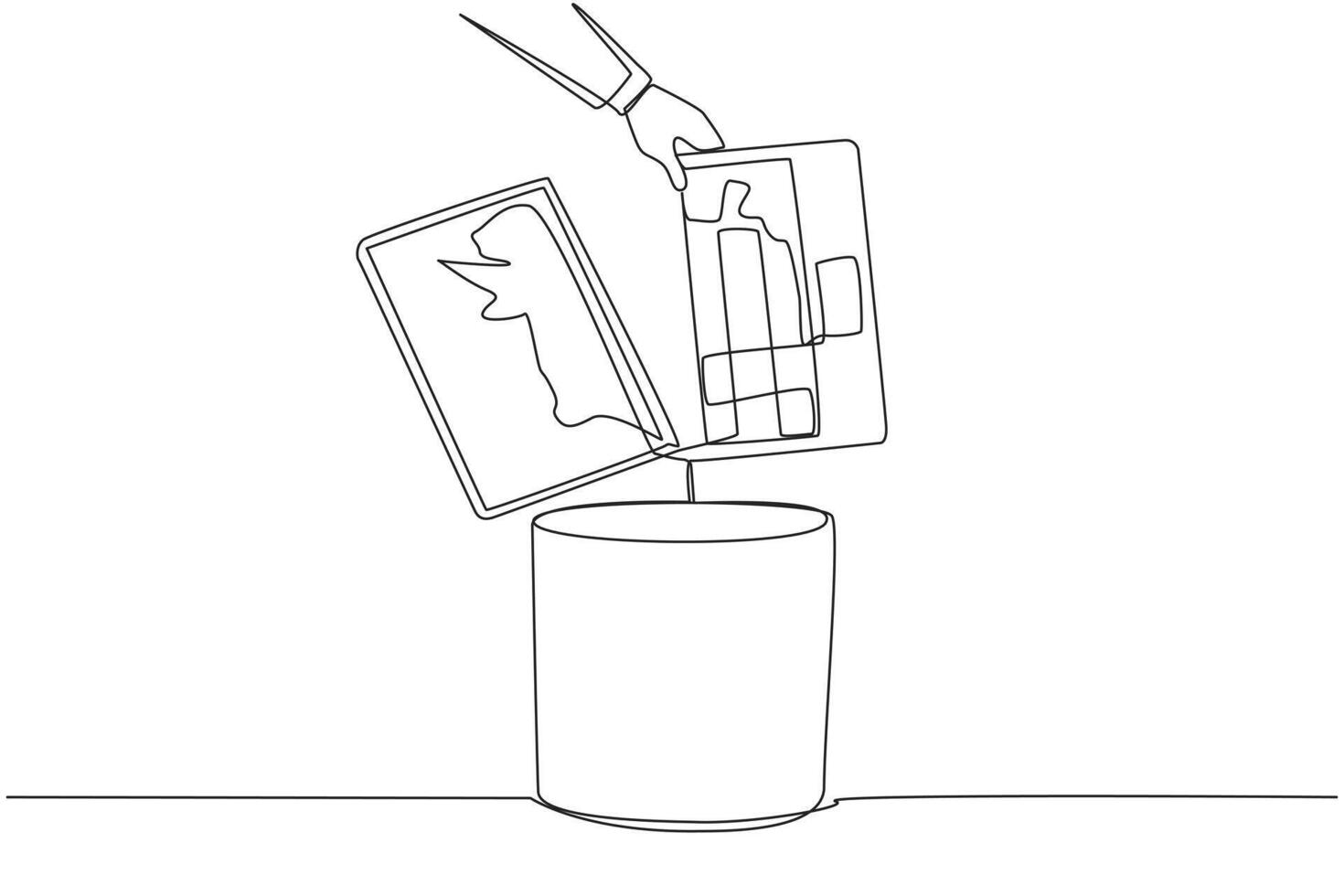 Continuous one line drawing businessman's hand throwing away a laptop with a cracked screen. The latest technology that cannot be utilized. Useless. Broken. Single line draw design illustration vector