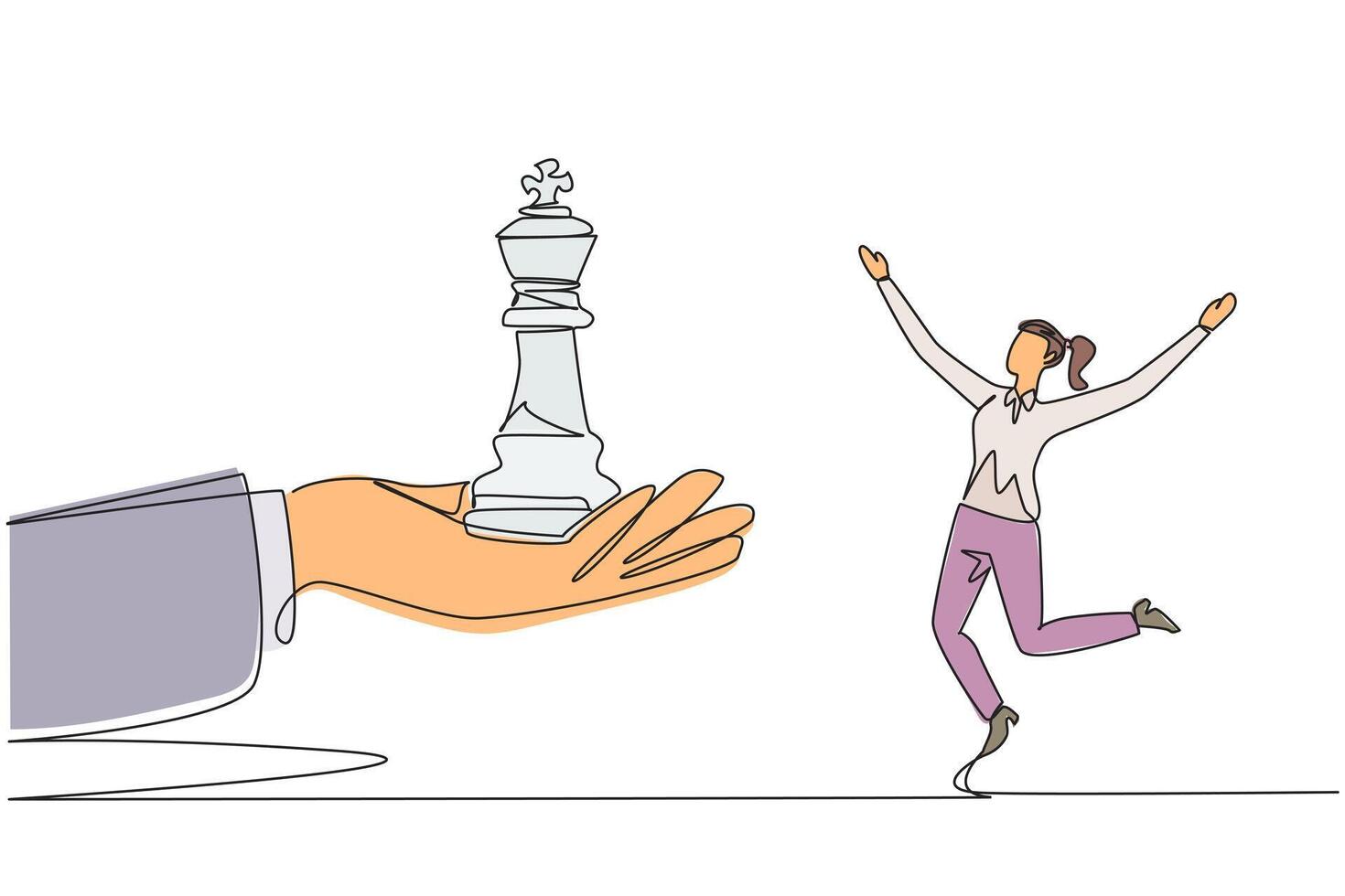 Continuous one line drawing businesswoman was excited to get king's chess piece from giant hand. Get full support. Profits must be many times over. Success. Single line draw design illustration vector