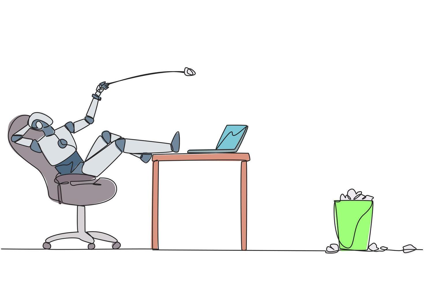 Single one line drawing robot sitting in chair throwing wads of paper into the trash. Trying to reprogram artificial intelligence. Looking for better idea. Continuous line design graphic illustration vector