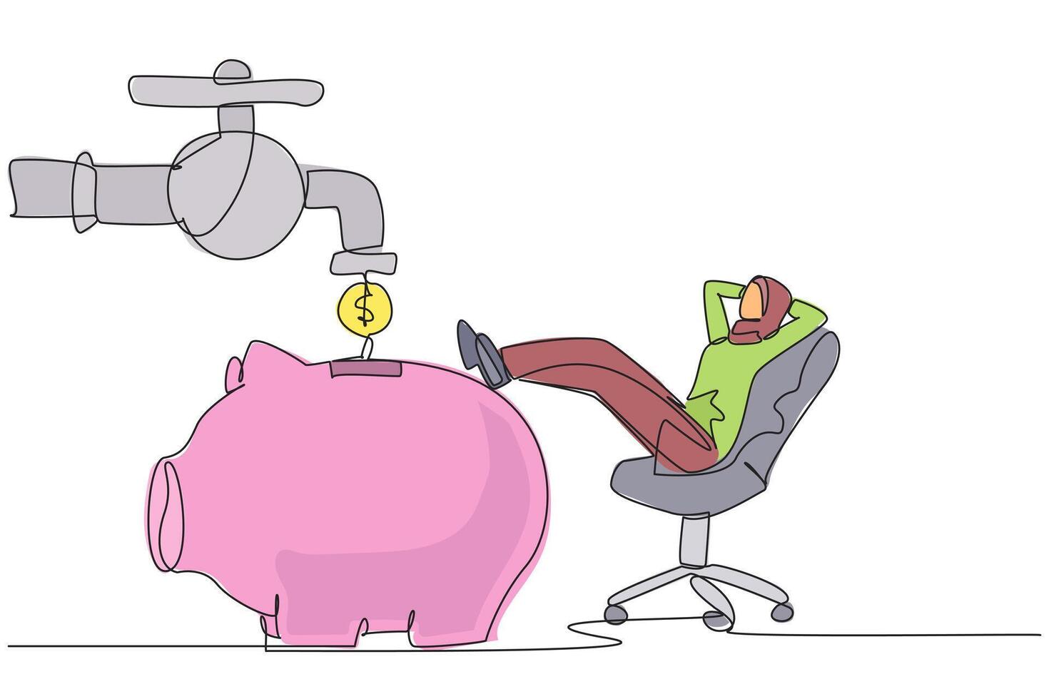 Single continuous line drawing Arab businesswoman sit relax on chair to see money faucet flow into savings piggy bank. Make lot of money. Amazing profits. Success. One line design illustration vector