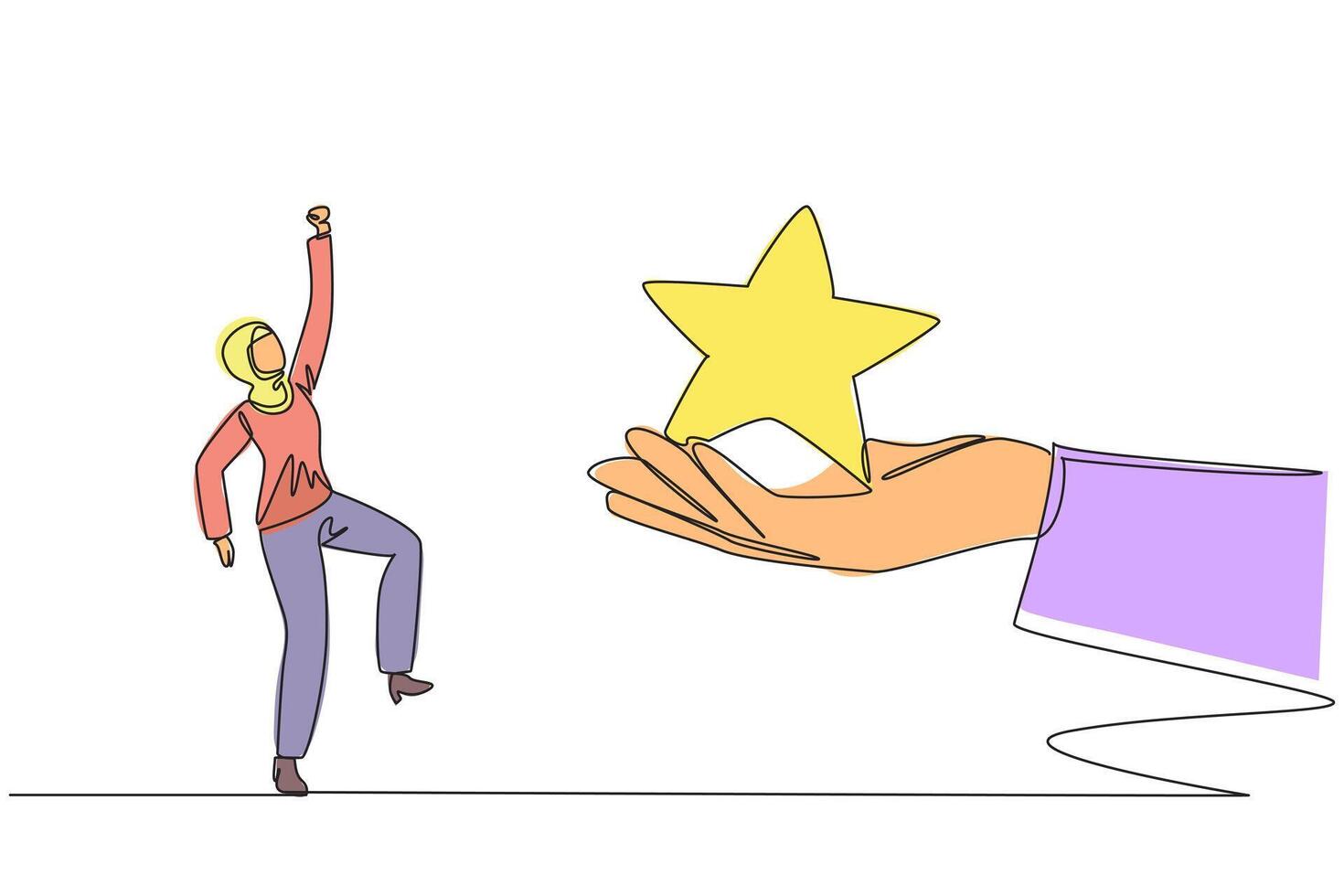 Single one line drawing Arabian businesswoman happy to get a star from the giant hand. Star award. Be the best. The best rating. Motivation to be better. Continuous line design graphic illustration vector
