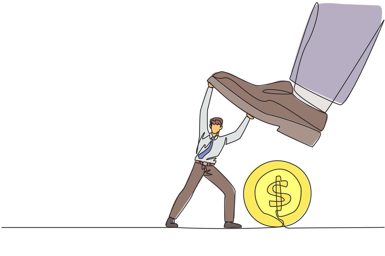 Continuous one line drawing businessman holds back a giant foot wants to step on large coin with dollar symbol. Resist vandals who want to thwart business. Single line draw design illustration vector