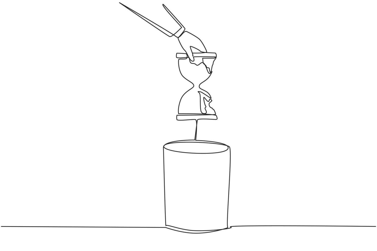 Continuous one line drawing businessman's hand throwing away a broken hourglass. There is no countdown deadline. No reminders. But still have to be responsible. Single line design illustration vector