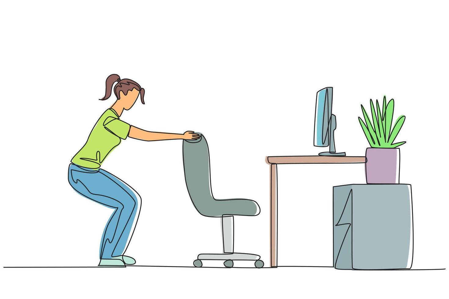 Single continuous line drawing woman stands with a slight bend and both hands hold the top of chair. Practice balance even though still have to work. Overtime. One line design illustration vector