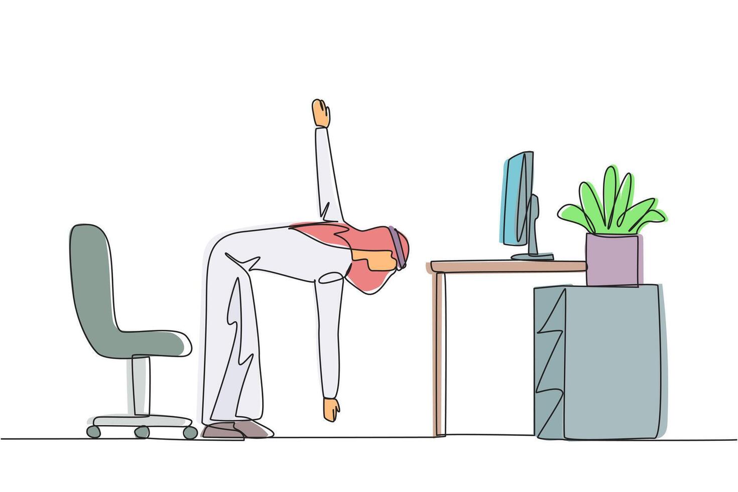 Single continuous line drawing Arab man stands with one hand raised the other hand holding tip of leg. Stretching. Take advantage of free time for light exercise. One line design illustration vector