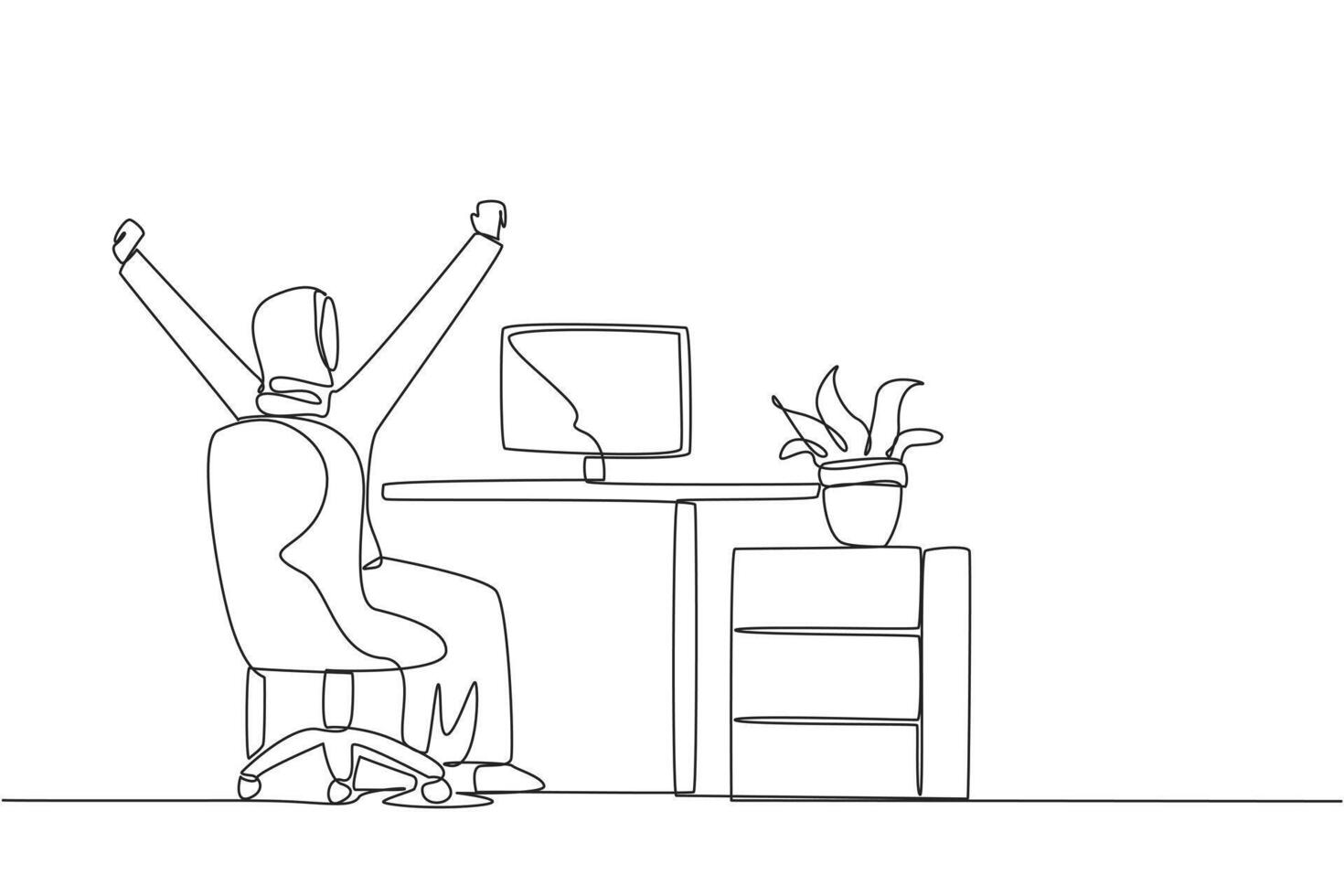 Single continuous line drawing Arab woman sit on chair opening and raising hands. Squirming raising hands up. Releasing fatigue. Stretching. Overtime on weekend. One line design illustration vector