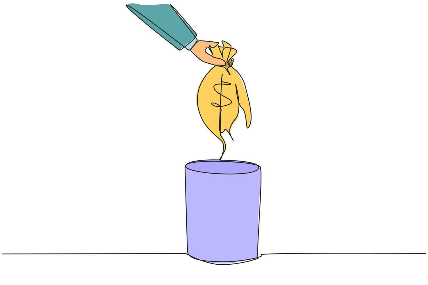 Continuous one line drawing businessman's hand throwing away torn money bag. Useless thing. Cannot be used to carry money. More expenses than income. Single line draw design illustration vector
