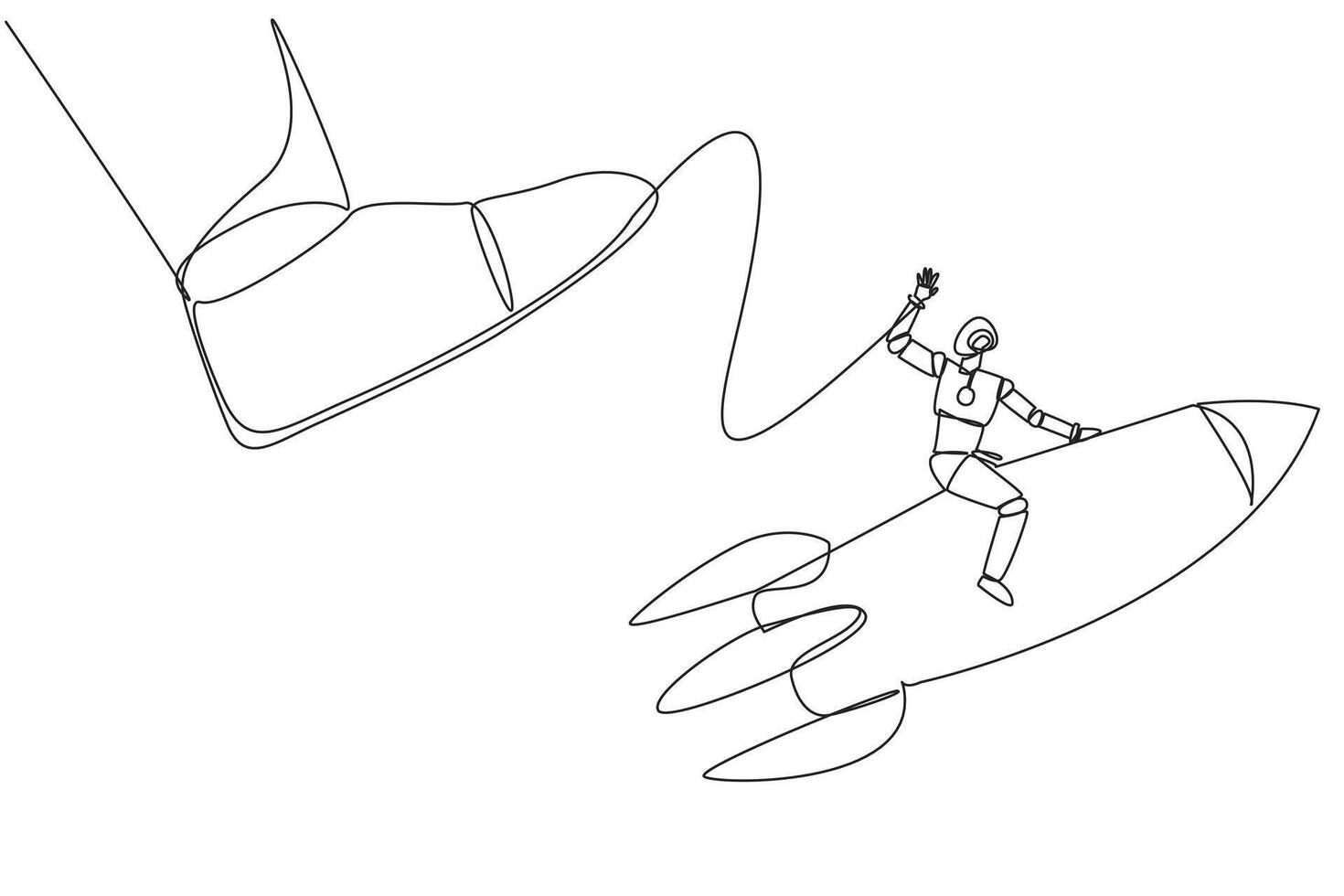 Single continuous line drawing smart robot riding a rocket flies away from the giant foot. Survive big shocks and be ready to open a new business. Future tech. One line design illustration vector