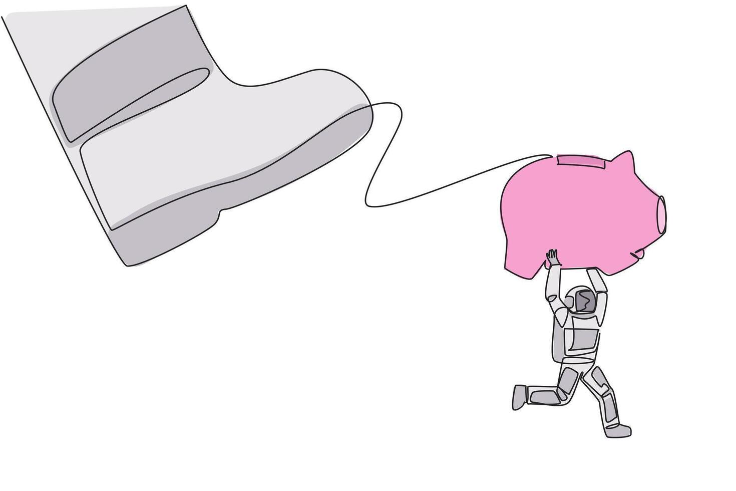 Single continuous line drawing astronaut carrying piggy bank run away from the giant foot. Escape with the assets that will be used for the expedition mission. One line design illustration vector