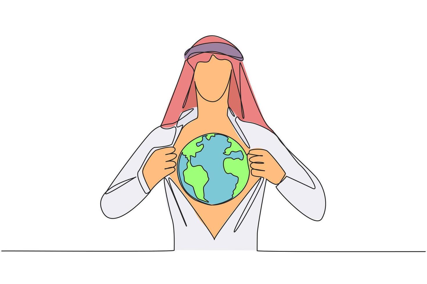 Continuous one line drawing Arab man unbuttons shirt revealing globe on chest. An invitation to always take care of the earth. For the beauty of the earth. Single line draw design illustration vector