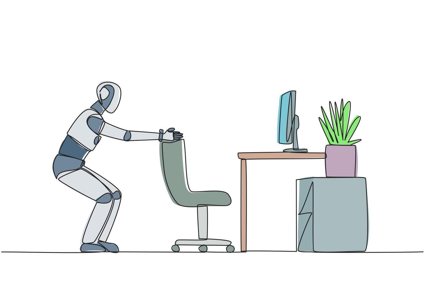 Single continuous line drawing smart robot stands with a slight bend and both hands hold the top of chair. Guide robot. Example of exercise while at the office. One line design illustration vector