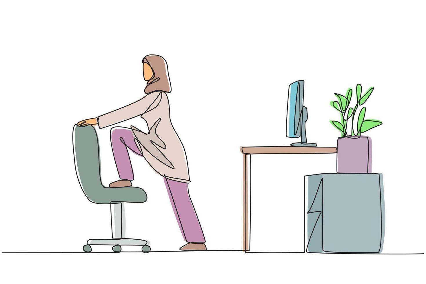 Continuous one line drawing Arab woman stands while lifting one of her legs onto a chair. Stretching. Avoid leg cramps. Exercise at the office. Overtime. Single line draw design illustration vector