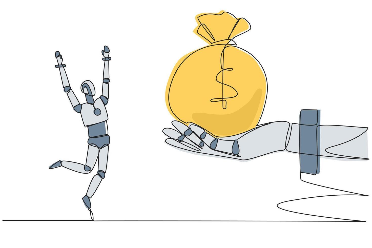 Single one line drawing a smart robot was excited to get the money bag from giant hand. Learning by doing. Practice makes perfect. Success that makes money. Continuous line design graphic illustration vector