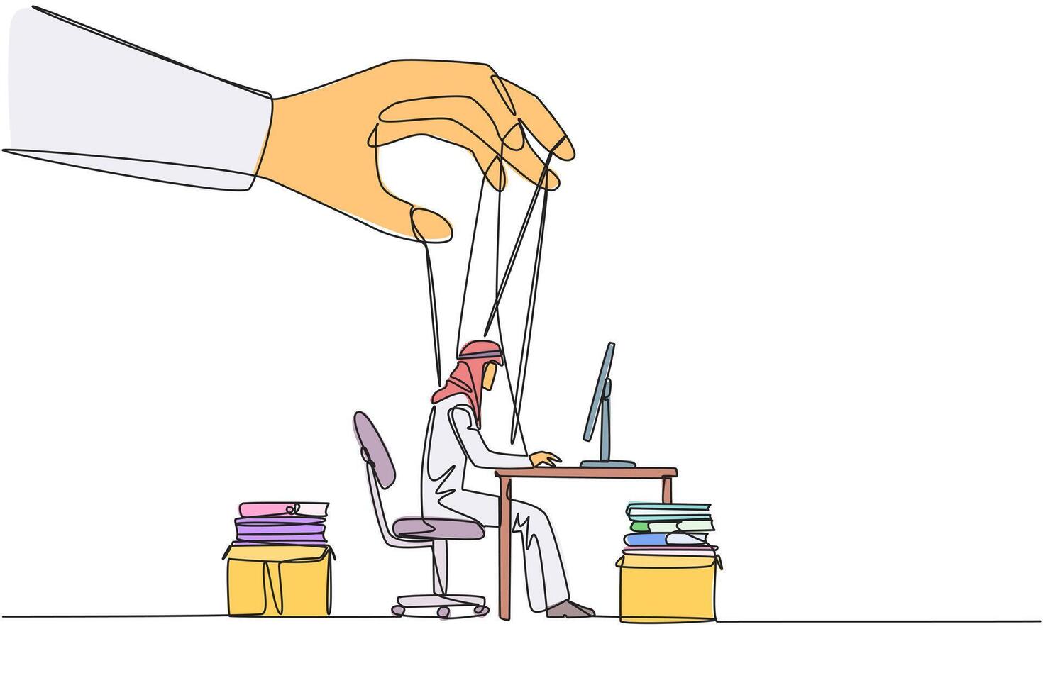 Continuous one line drawing Arab businessman typing on laptop, hand moved by ropes. Puppeteer arranges the puppets. Working behind the scenes. Obedience. Single line draw design illustration vector