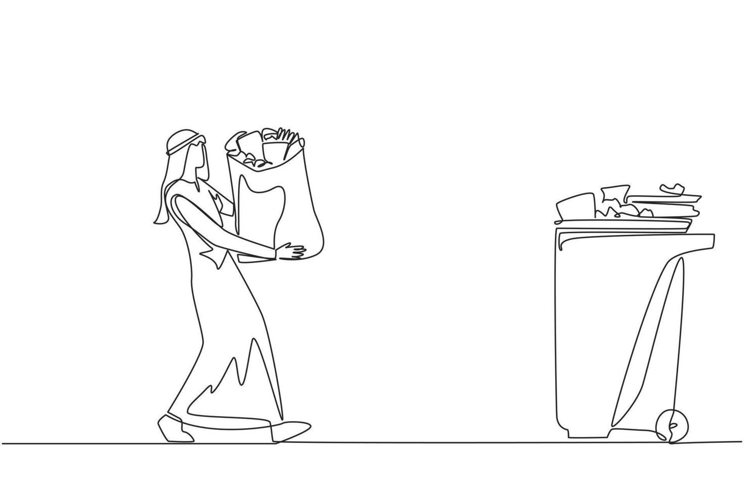 Continuous one line drawing Arab man walked carrying a trash bag in both hands towards trash can. Care about cleanliness. Environmental care. For health. Single line draw design illustration vector