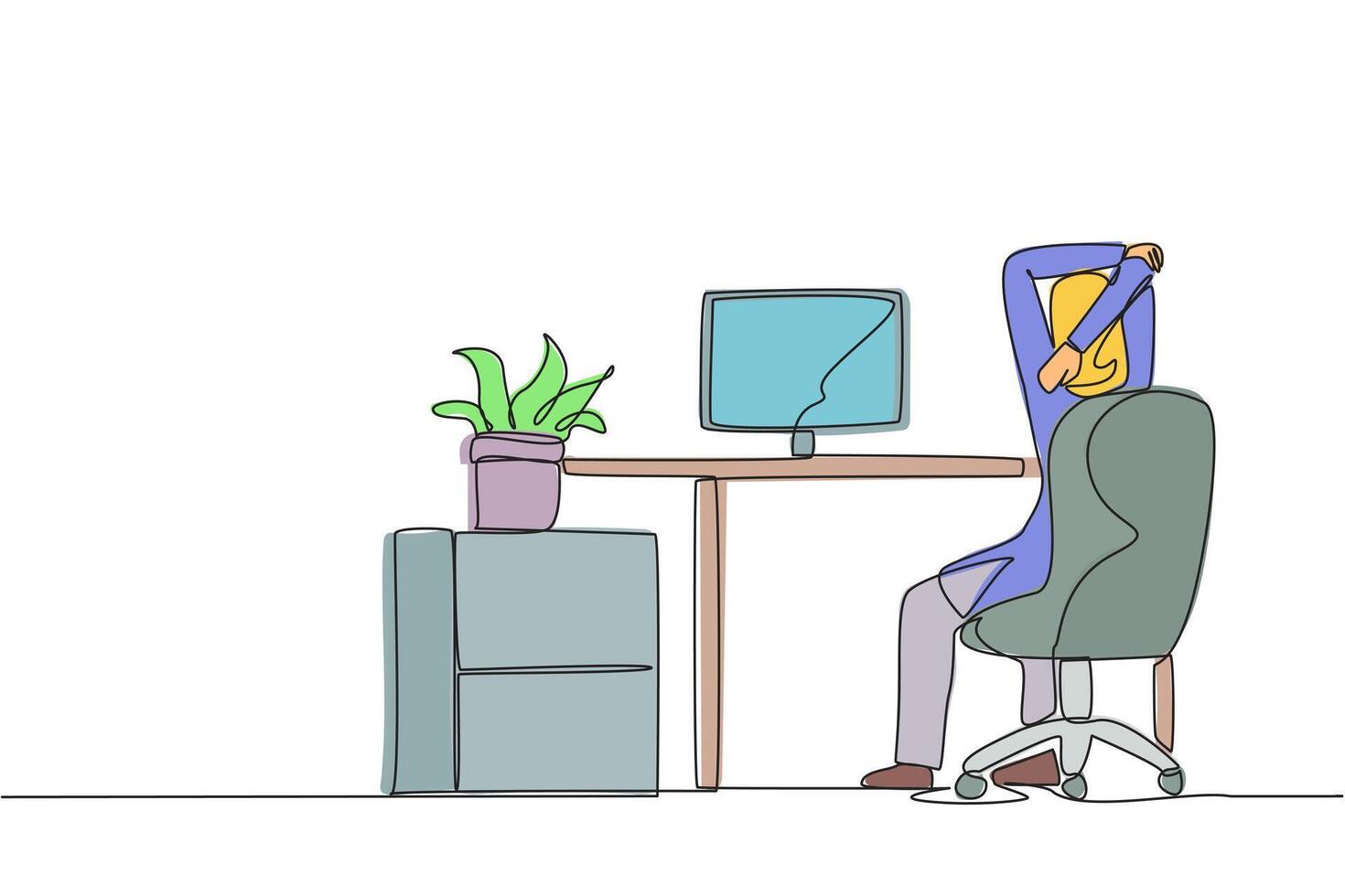 Continuous one line drawing Arab woman sitting in a work chair warming up hands above her head. Stretch watching streaming . Stay active even if busy. Single line draw design illustration vector