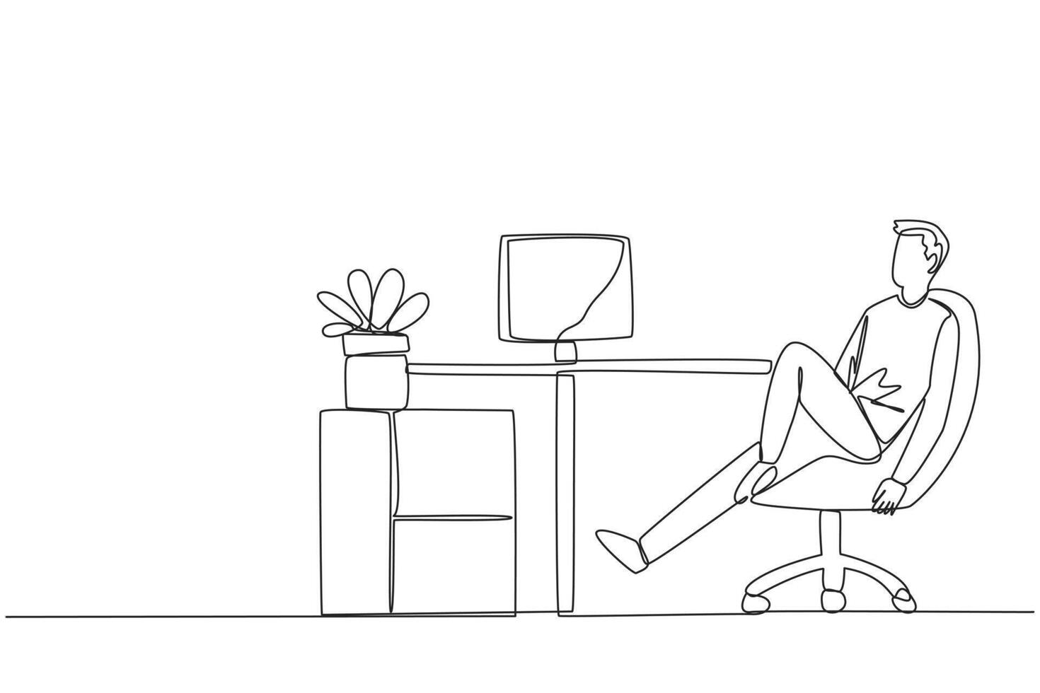 Continuous one line drawing man sits in work chair with one of legs raised and folded. Work overtime on weekends. Pay attention to stagnant projects. Relax. Single line draw design illustration vector