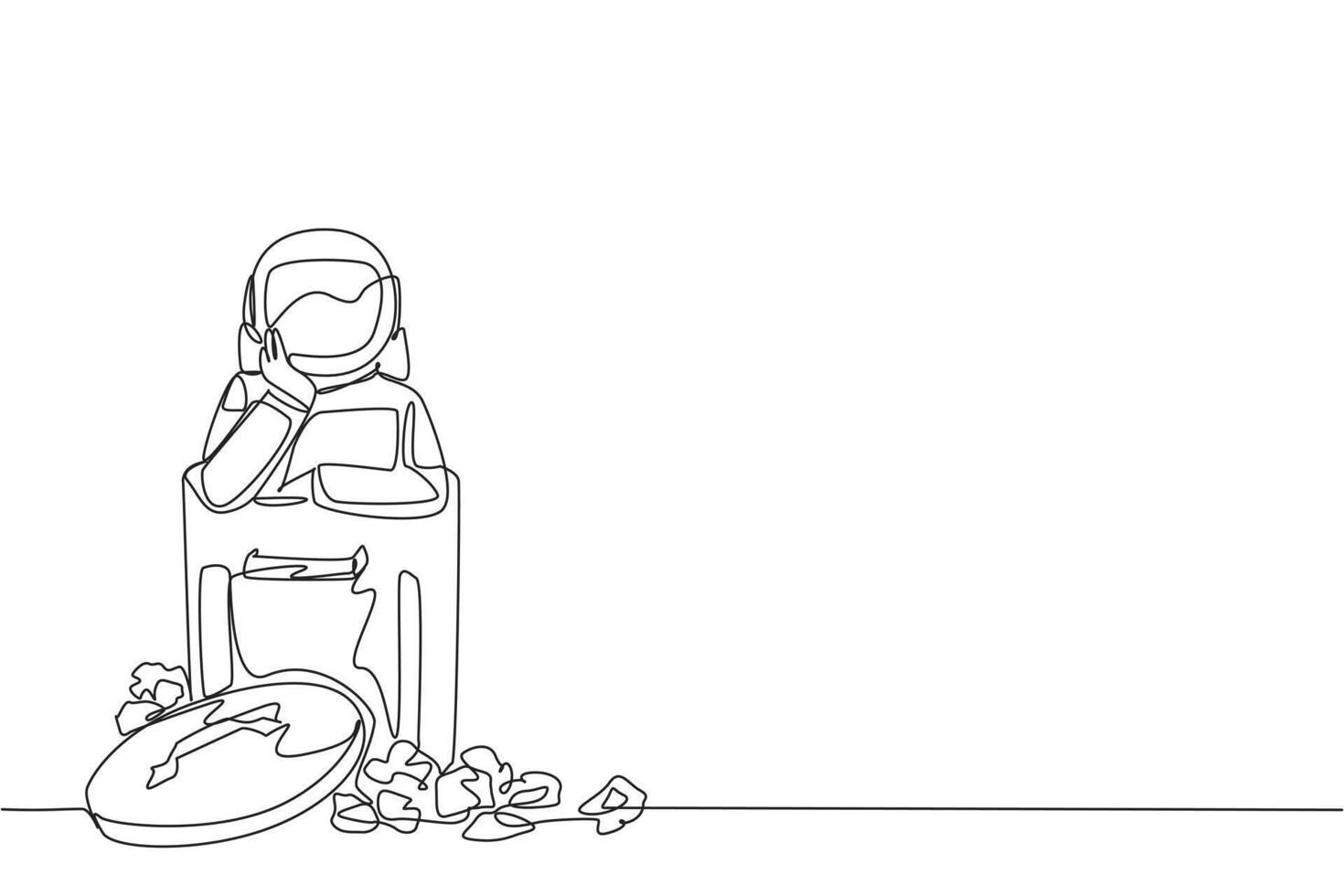 Single continuous line drawing the astronaut is in the trash. The space shuttle company went bankrupt. There were no return expeditions to space. Cosmonaut concept. One line design illustration vector