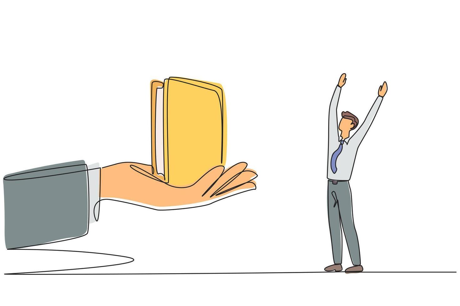 Single one line drawing the businessman was excited to get a wallet from the giant hand. Important prize. Get a business trip money. Marketing the product. Continuous line design graphic illustration vector
