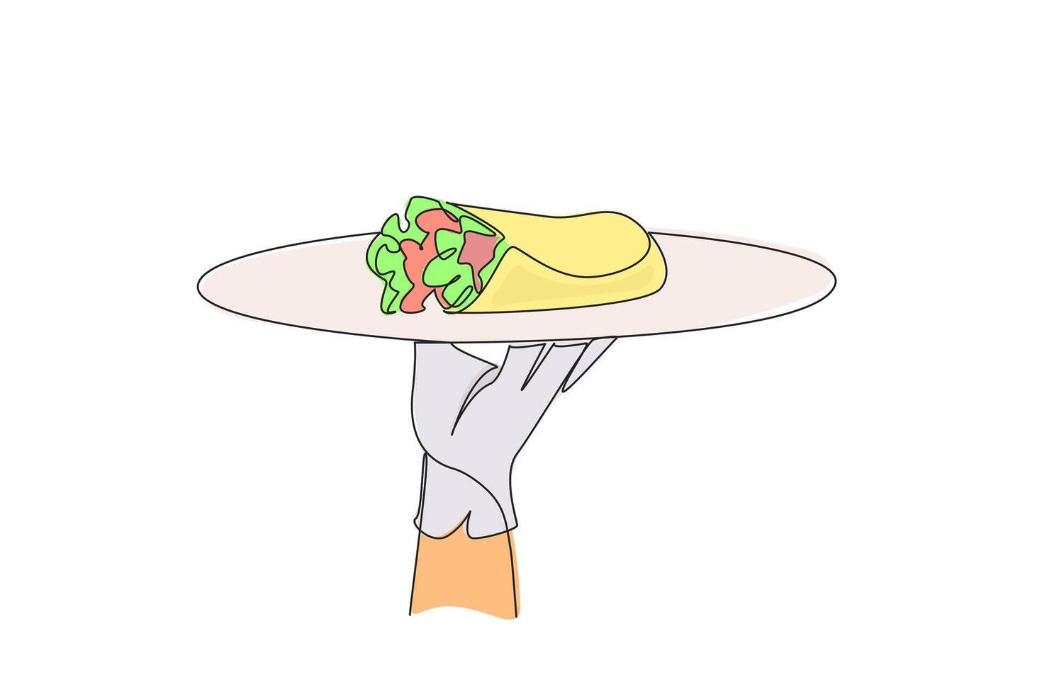 Single one line drawing one of the typical Mexican foods. Rolled in a tortilla which made from corn flour. Contains chicken or beef. Low protein foods. Continuous line design graphic illustration vector