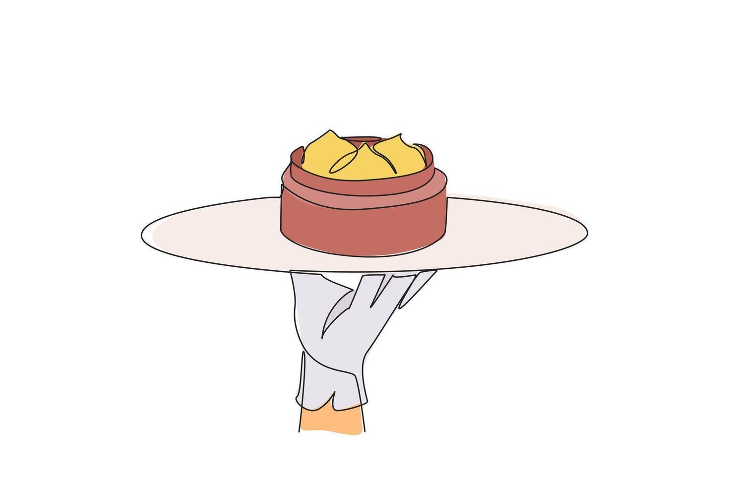 Single continuous line drawing the waiter holds a food tray serving dim sum in bamboo steamer basket. Traditional Chinese food. Has a sweet and savory salty taste. One line design illustration vector