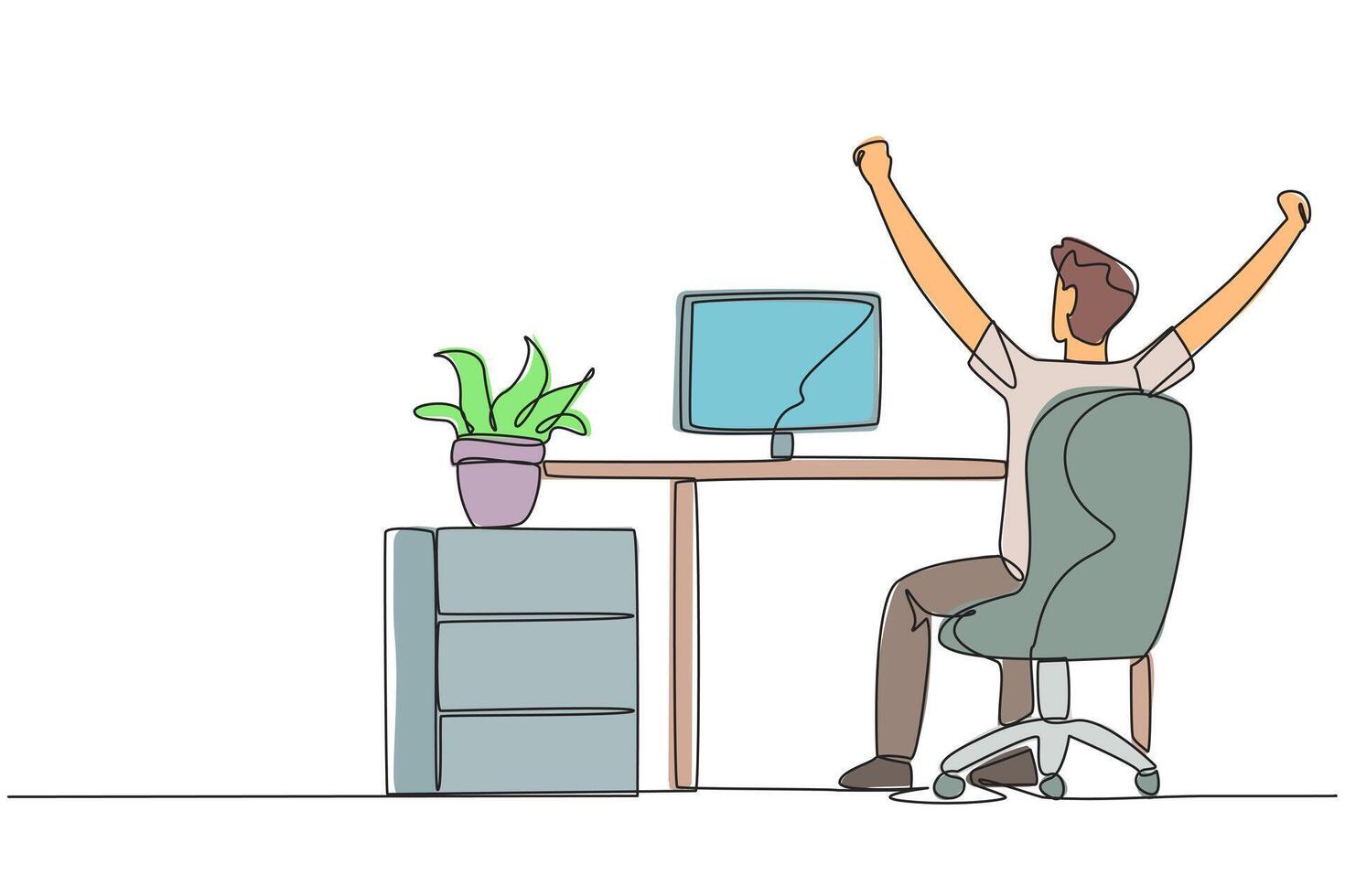 Continuous one line drawing the man sit on chair opening and raising his hands. Seen from behind. Monitoring the work progress. Stretch while overtime. Single line draw design illustration vector