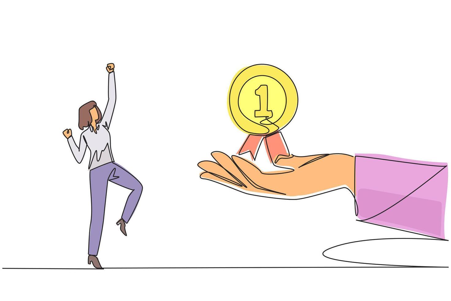 Single continuous line drawing businesswoman was happy to get reward medal from giant hand. Recognition for all hard work. Paid off. The best employee of the year. One line design illustration vector