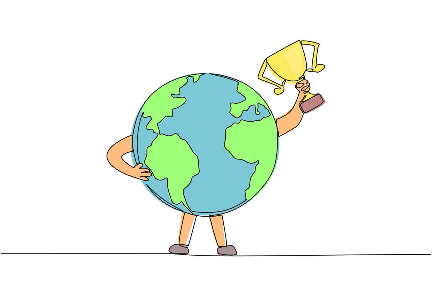 Single one line drawing globe raised the trophy with one of his hands. The best place for all living things. Keeping the earth green. Saving the earth. Continuous line design graphic illustration vector