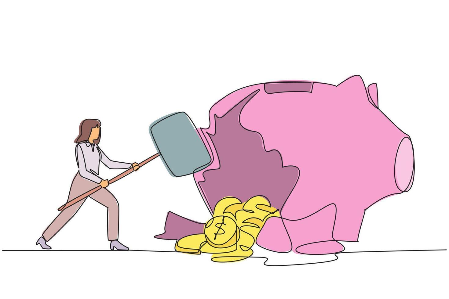 Continuous one line drawing businesswoman hit big piggy bank with big hammer until it cracked. Coins scattered around. Financial difficulties. Take savings. Single line draw design illustration vector