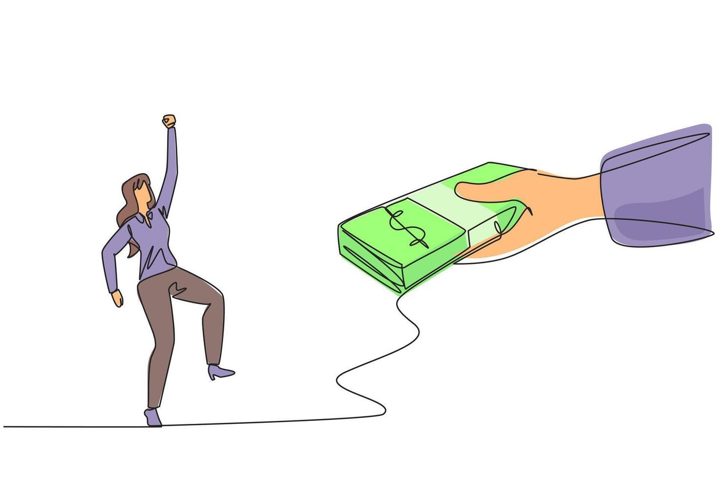 Single continuous line drawing the businesswoman was excited to get a stack of banknotes from the giant hand. The best employees get the best bonuses. Encourager. One line design illustration vector