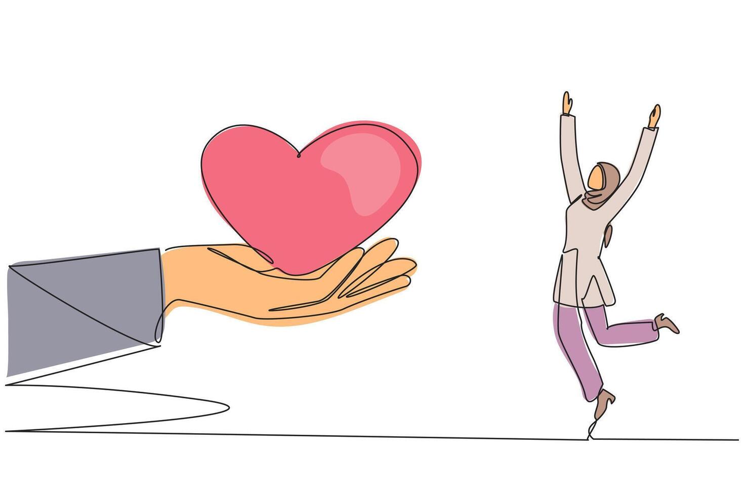 Single one line drawing Arabian businesswoman happy to get love from a giant hand. Support from the heart. Encouragement to do business. Ready to be happy. Continuous line design graphic illustration vector