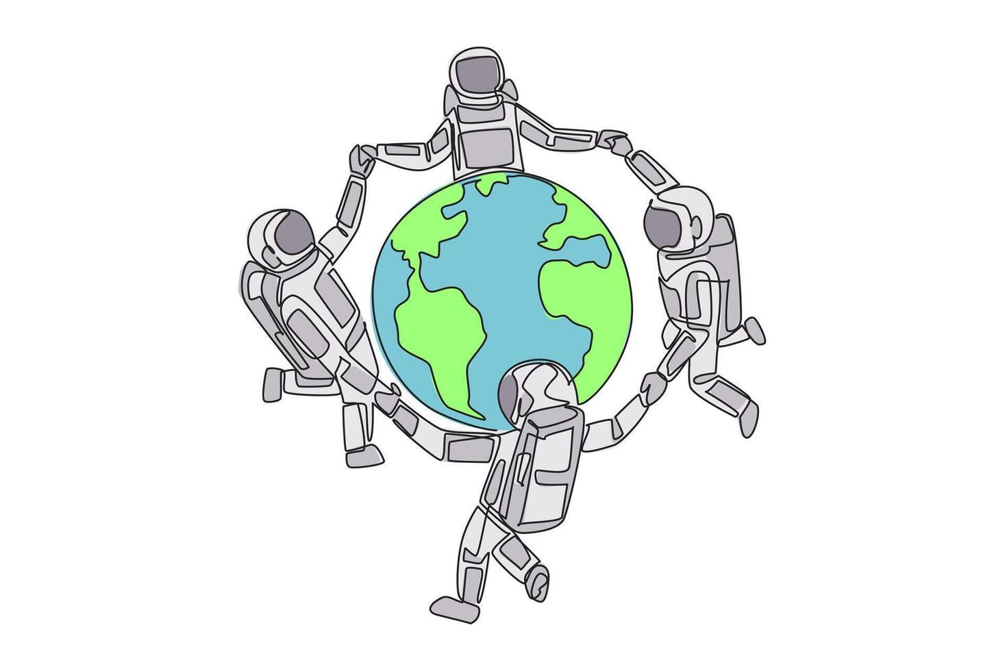 Single continuous line drawing a group of astronauts make a circle around the globe. With pride and joy can protect the earth. Cosmonauts protect the earth. Care. One line design illustration vector