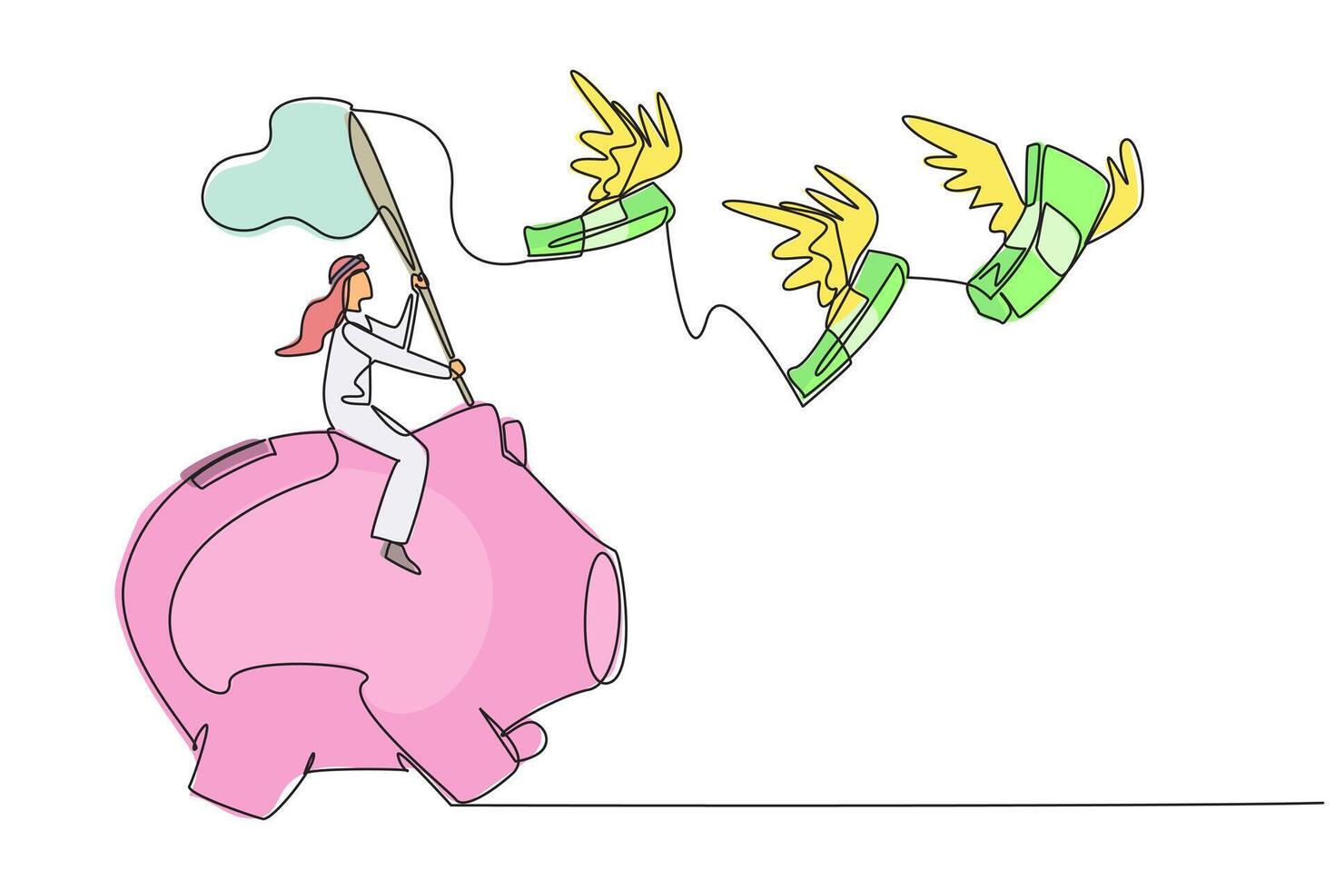 Single one line drawing Arabian businessman riding piggy bank catching flying banknotes. Financial crisis. Work smart to avoid debt. Business must continue. Continuous line design graphic illustration vector