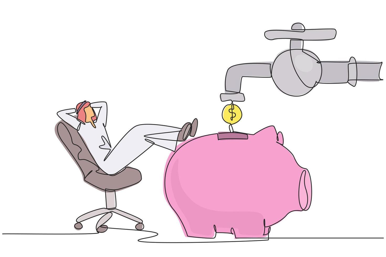 Single continuous line drawing Arab businessman sit relax on chair to see money faucet flow into savings piggy bank. Financial freedom. Guaranteed finances. Profit. One line design illustration vector