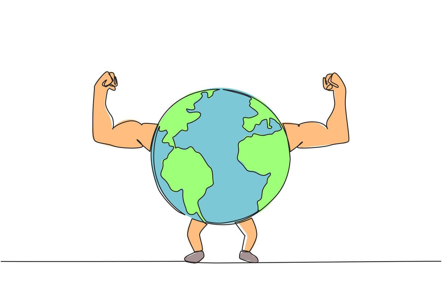 Single one line drawing globe raised both of his muscular arms. Have an active role in protecting the earth. Stay healthy for the sake of a green earth. Continuous line design graphic illustration vector