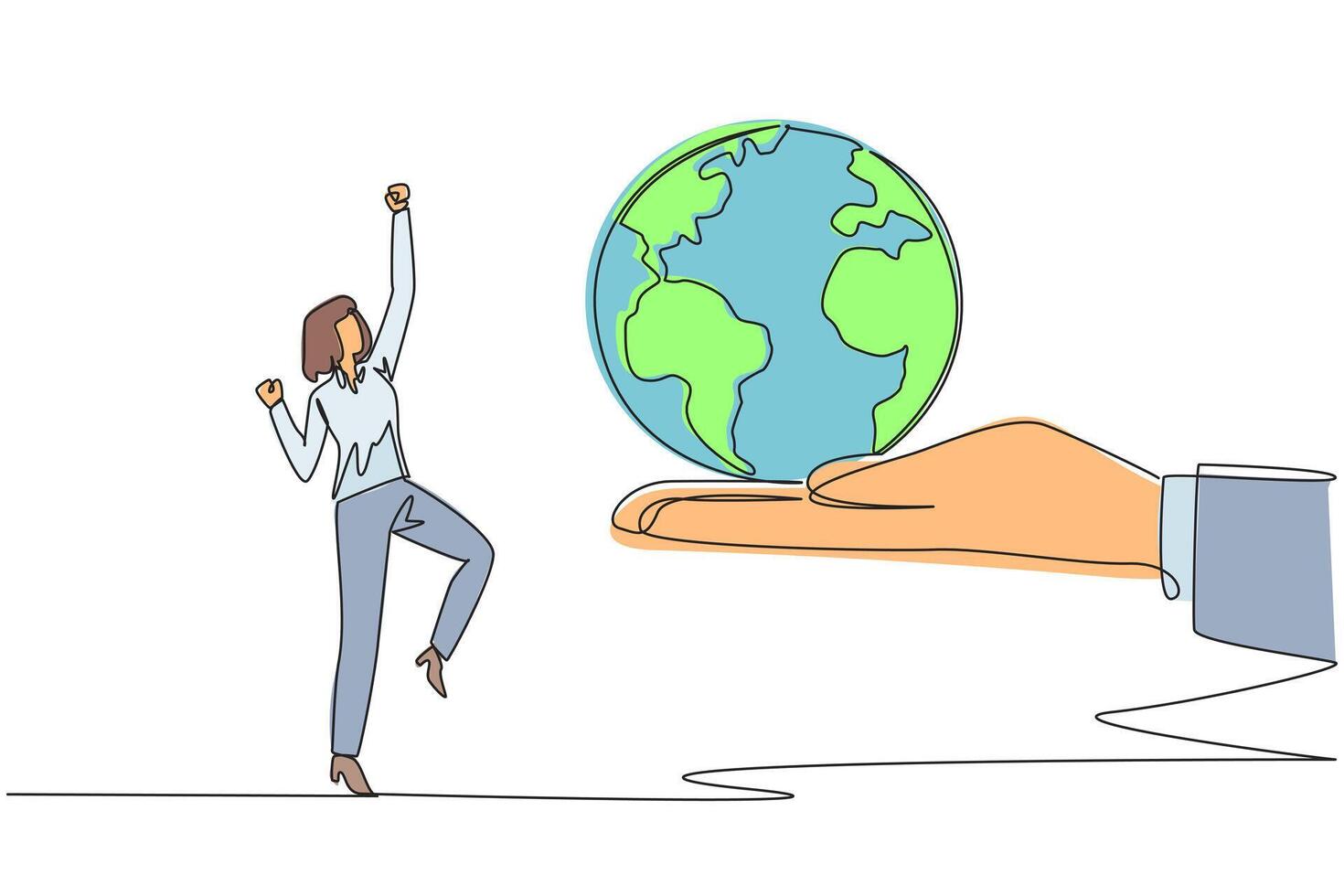 Single continuous line drawing the businesswoman is excited to get the globe from the giant hand. Get the latest business locations to handle. Very trustworthy. One line design illustration vector