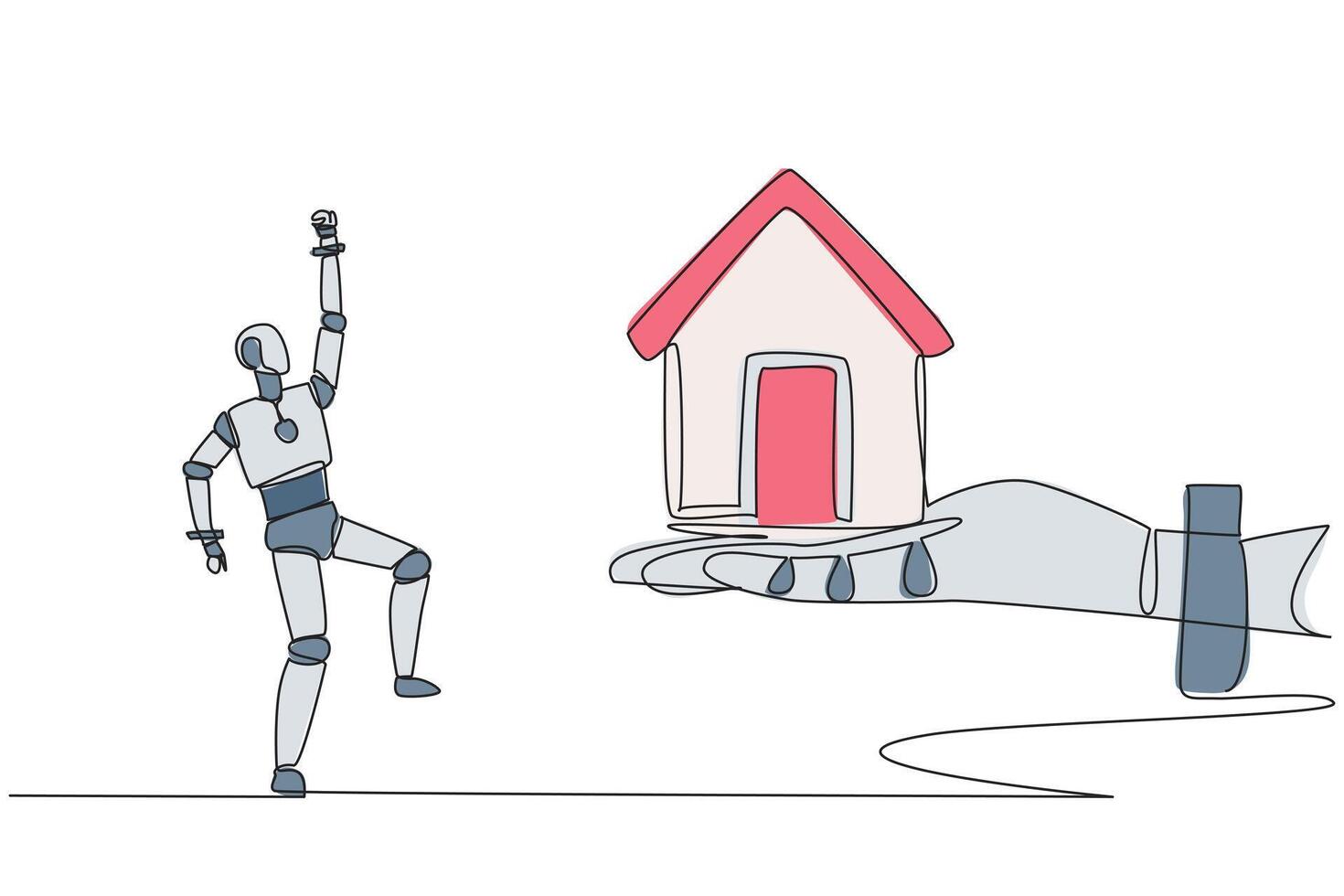 Single continuous line drawing a robot excited to get a miniature house from giant hand. The best technology production house. Future artificial intelligence. One line design illustration vector