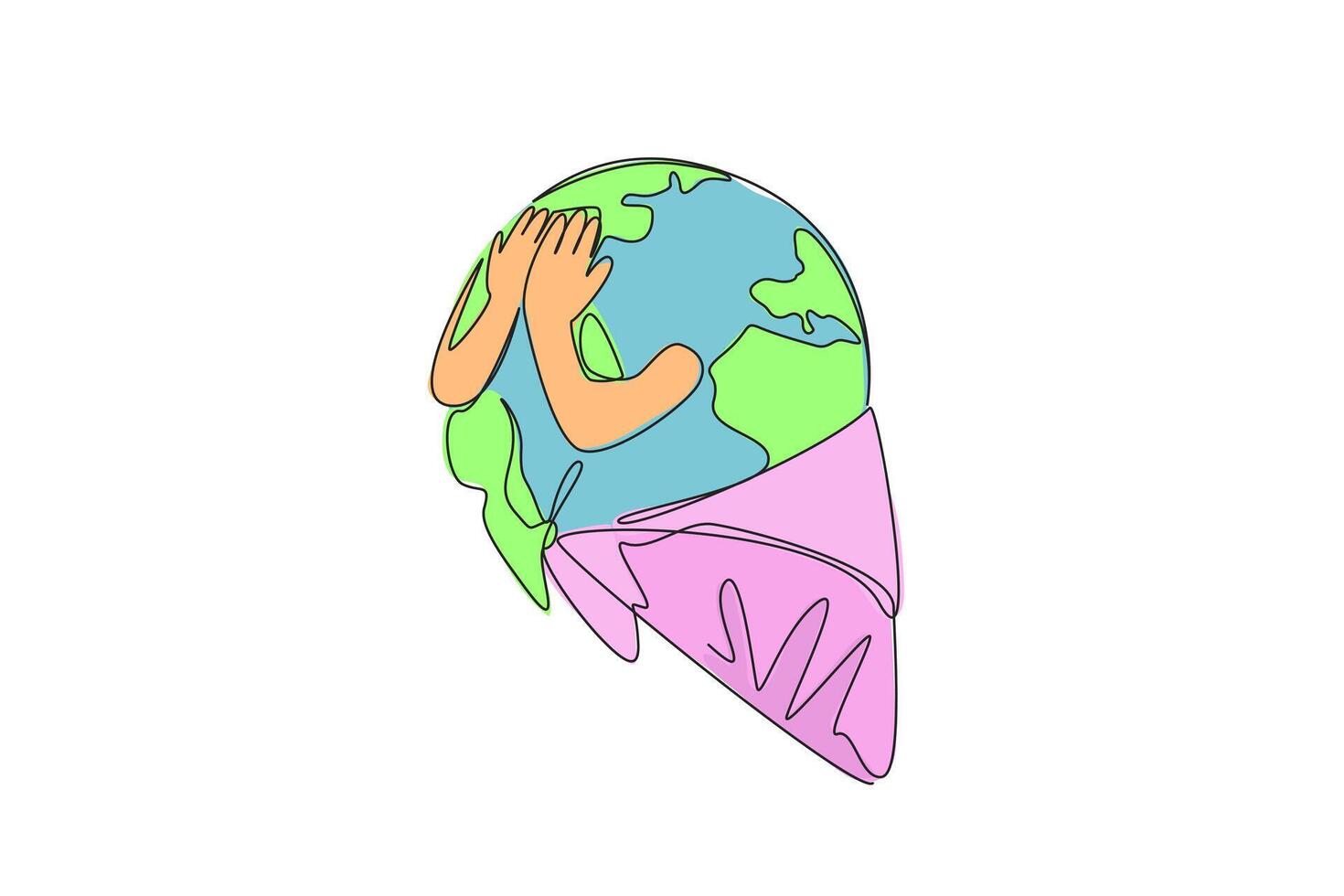 Single one line drawing the globe becomes melting ice cream cone. The heat of the earth makes the ice melt and drip quickly. The concept of a warming earth. Continuous line design graphic illustration vector